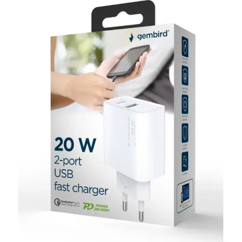 Зарядний пристрій Gembird USB-A + Type-C (PD20W + QC3.0 18W) white (TA-UC-PDQC20-01-W) - фото 6