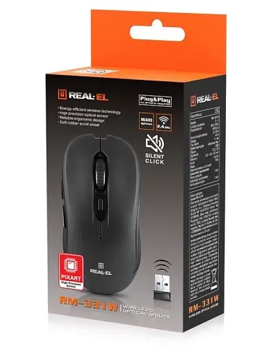 Миша REAL-EL RM-331W Wireless, Black, бездротова, USB, оптична, 1600 dpi, 5 кнопки, 2xAAA - фото 3