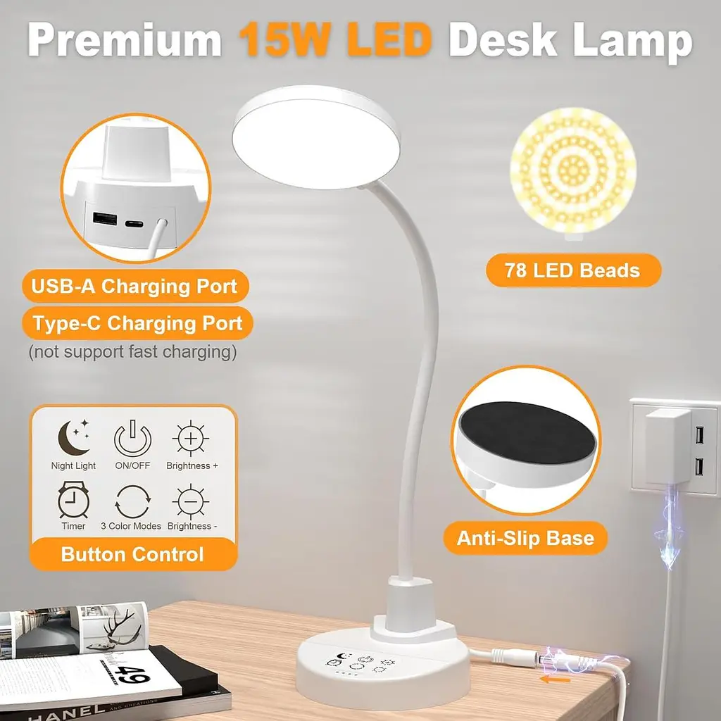Настільний LED світильник 15W з USB портами, 3 режимами освітлення та таймером - фото 6