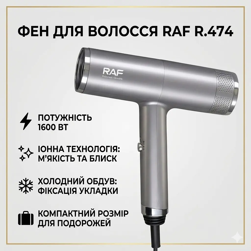 Фен для волосся з іонізацією на 2 швидкості та 3 температурні режими RAF R.474 1600 Вт - фото 2