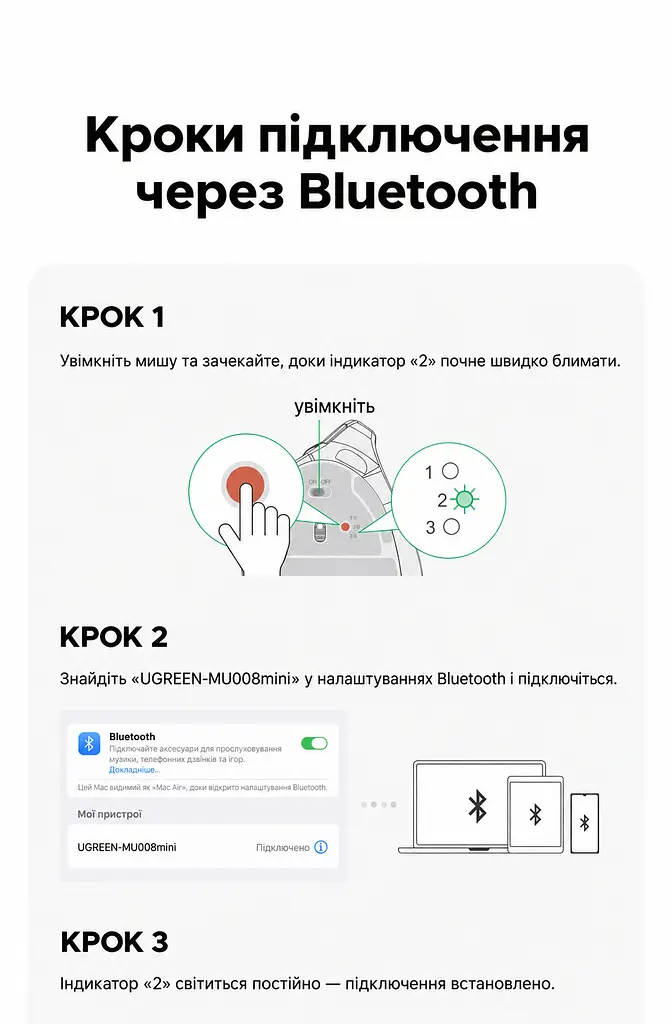 Бездротова вертикальна миша UGREEN MU008mini Bluetooth 5.0 2,4 ГГц із комплектним USB-A наноприймачем 5 рівнів чутливості до 4000 DPI потрібна 1 батарейка AA не входить до комплекту для малих і середніх рук перемикання між 3 пристроями тихі натискання кнопки вперед і назад автоматичний сон зберігання приймача всередині миші чорна зі сріблястими вставками (85765) - фото 8