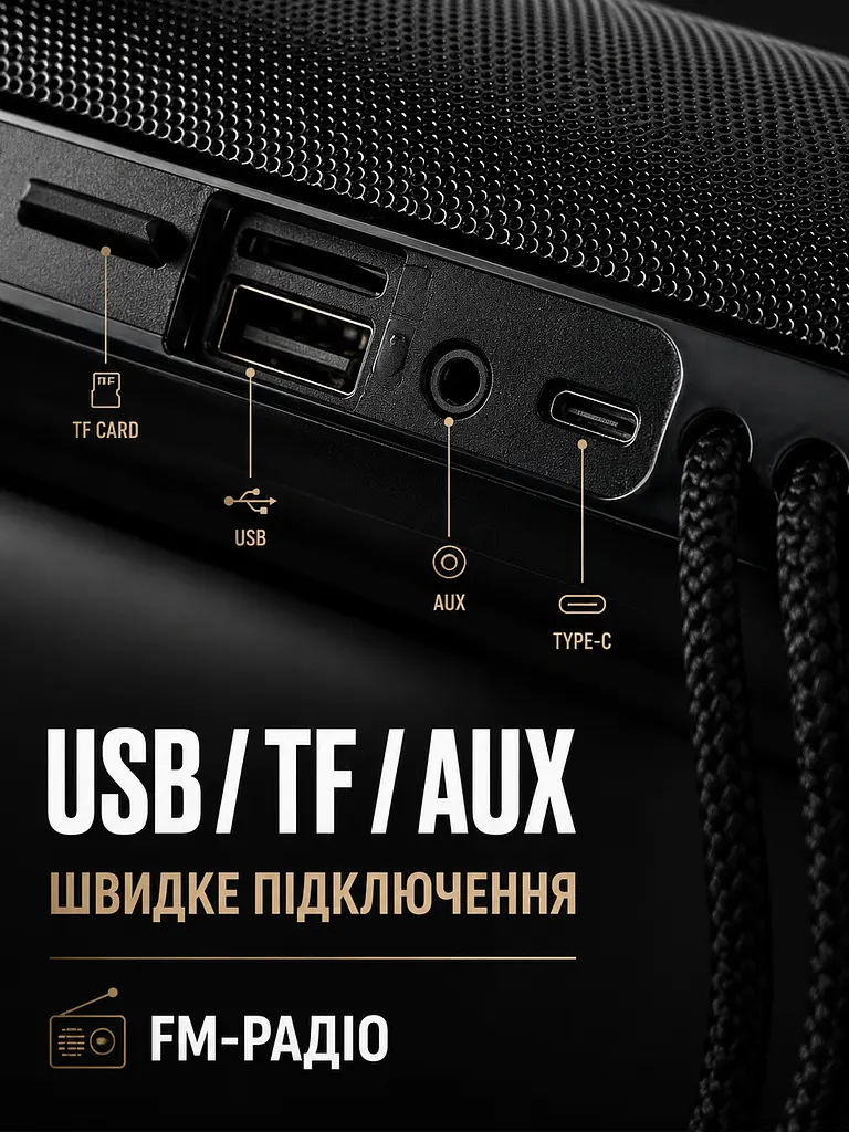 Портативна Bluetooth колонка 10 Вт з LED-підсвіткою, FM радіо, USB, AUX, microSD, PowerBank 17,9×7,3×7,3 см чорна (49676166) - фото 6