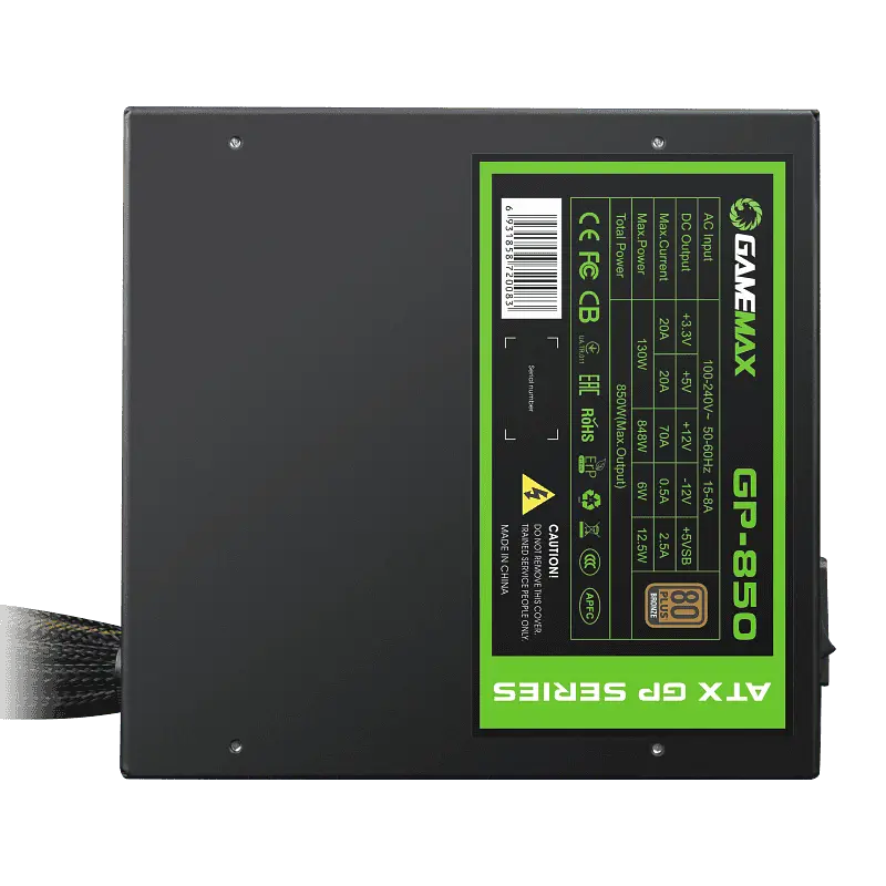 Блок питания 850 Вт, GameMax GP-850, Black, 80+ Bronze, Active PFC, 14 см, 3xMolex/7xSATA/4x6+2-pin/1x4+4-pin/1x20+4-pin, защита OVP/UVP/SIP/OCP/OLP/OPP/SCP - фото 6