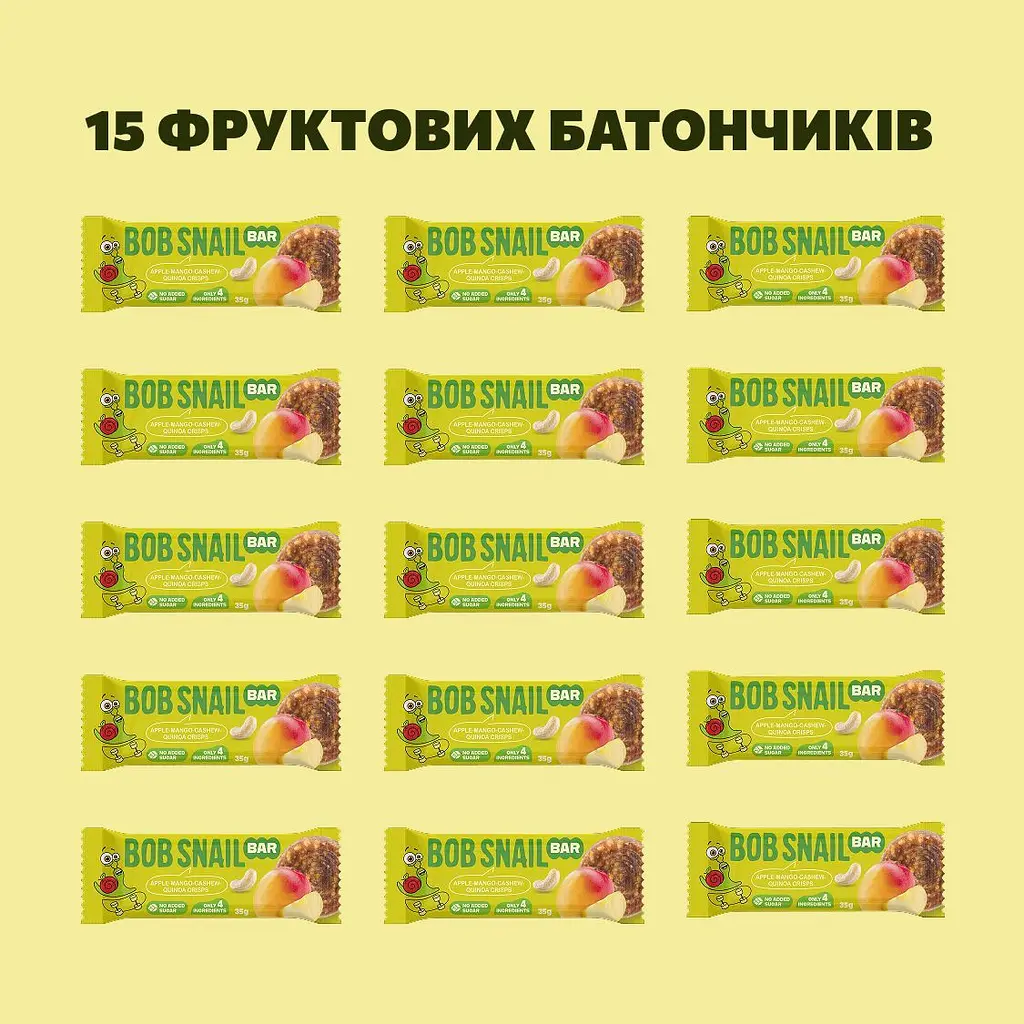 Набор фруктово-ореховый батончик Bob Snail Яблоко-Манго-Кешью-Криспи Киноа 35 г x 15 шт. - фото 2