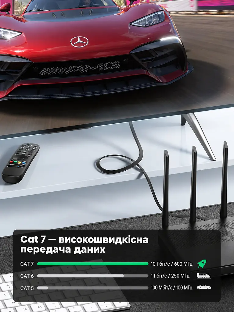 Плаский мережевий Ethernet-шнур UGREEN NW106 5 м товщина 2,1 мм патч-корд LAN-кабель штекери RJ45 на обох кінцях Cat 7 до 10 Гбіт/с 600 МГц сумісний з PoE-обладнанням для прокладання під килимами та вздовж стін 20 настінних кліпс і пилозахисні ковпачки для обох штекерів екранування U/FTP жили з чистої міді чорний (11263) - фото 11