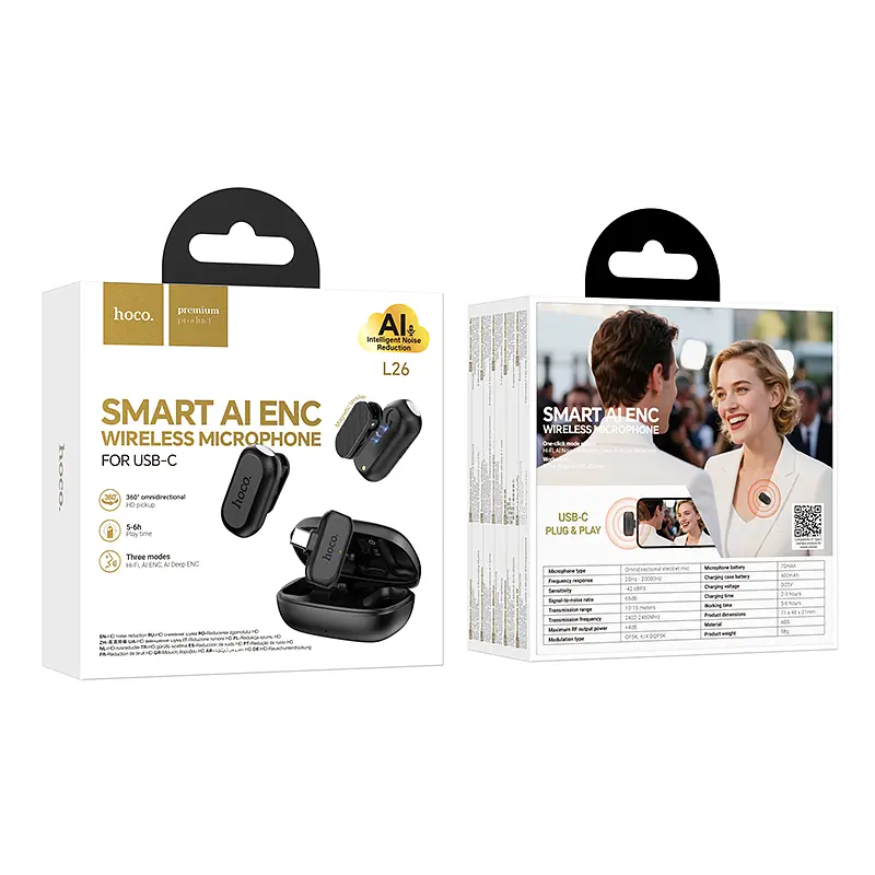 Бездротова мікрофонна система HOCO L26 Type-C Smart AI noise reduction wireless microphone Black (6942007677011) - фото 2