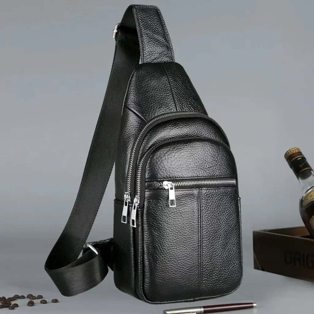 Чоловічий нагрудний шкіряний слінг 18х32х7 через плече TIDING BAG-MK 83423 чорний 18 см - фото 9