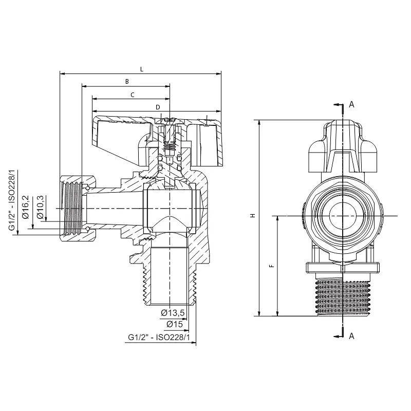 Кран кульовий кутовий Н/Г Roho R116-050B -1/2"x1/2" Вз, ручка "метелик" чорна RO0236 - фото 2