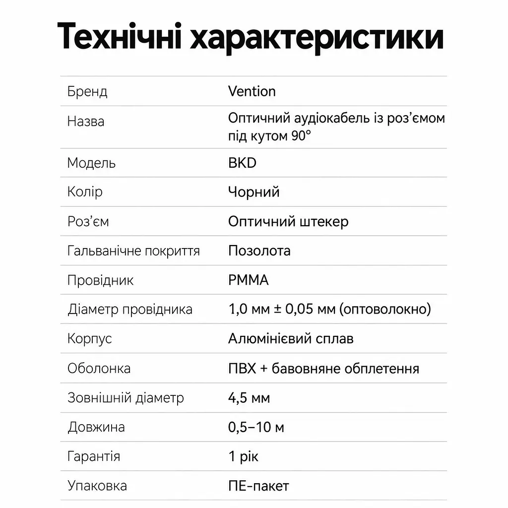 Оптичний аудіокабель Toslink Vention 2 м тослінк 2 оптичні штекери S/PDIF кутовий штекер 90° і прямий штекер 2-канальний PCM або стиснене багатоканальне аудіо за підтримки пристроїв конструкція з обертанням на 360° чорний (BKDBH) - фото 7