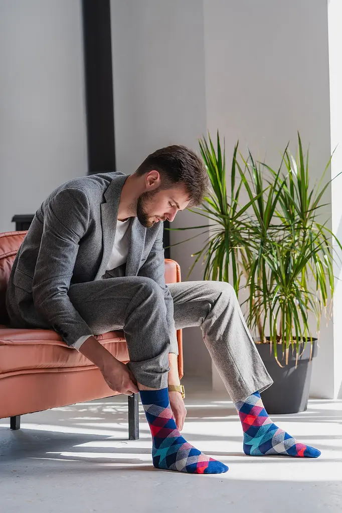 Носки с принтом ромбы высокие бесшовные качественные ORGANIC cotton JILL ANTONY 42-43, Синий - фото 5
