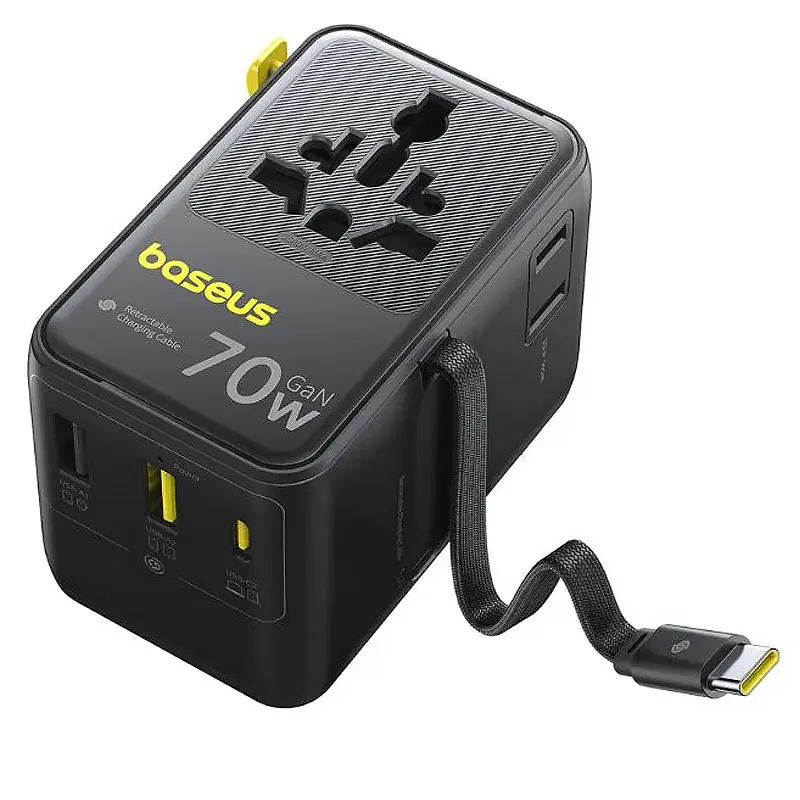 Мережевий універсальний перехідник Baseus CG11 70W with retractable cable (2USB-A/3C/1Socket) (E0307E) Cosmic Black - фото 2