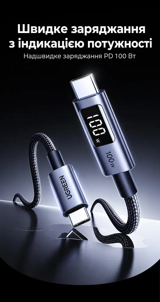 Кабель UGREEN L529 USB-C - USB-C PD 100 Вт з дисплеєм 1 м чорно-сірий (65862) - фото 7