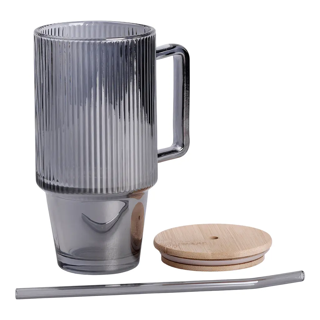 Кружка стеклянная с крышкой и трубочкой 750 мл Серый Yiwu HP-19-50 - фото 3