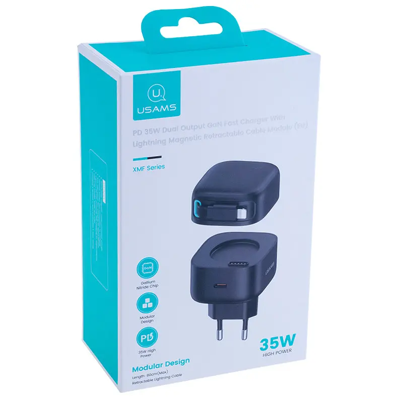 МЗП US-CC209 GaN With Lightning Magnetic Retractable Cable Module XMF Ser. 35W (2USB-C) Black Usams teh0029654 - фото 2