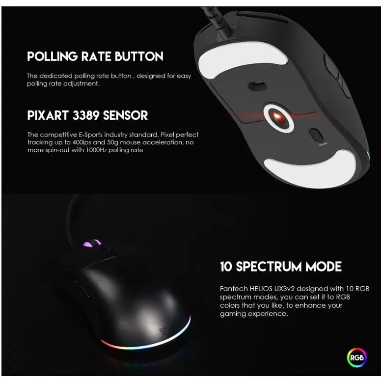 Игровая мышь Fantech UX-3 V2 HELIOS PixArt 3389, 400IPS, 50G, 1600DPI Black - фото 3