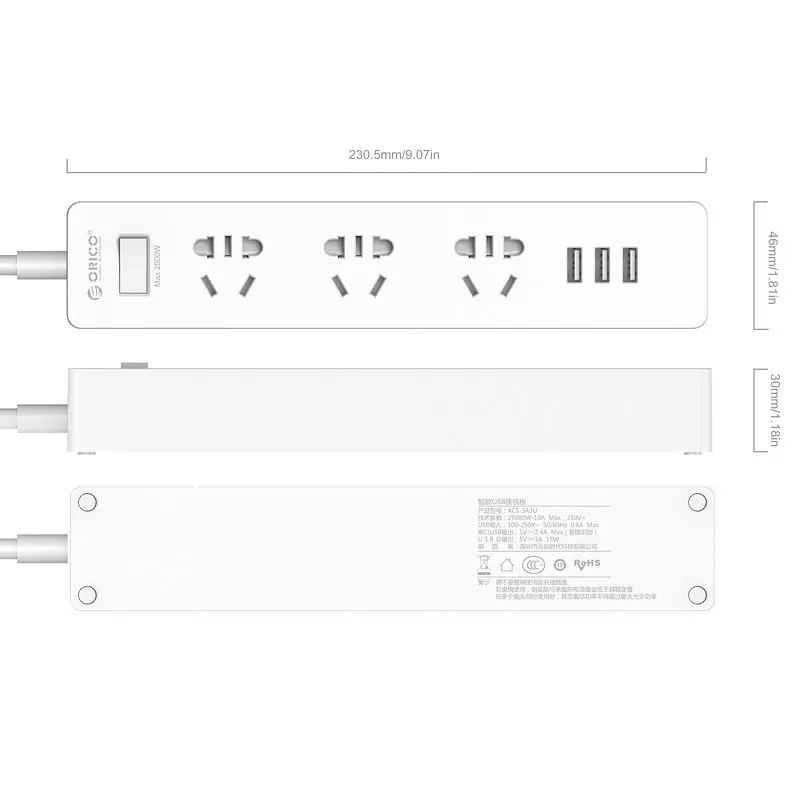 Продовжувач Orico Power Strip Orico-XCS-3A3U (3 х розетки 3 х USB) білий 1.5 м - фото 3