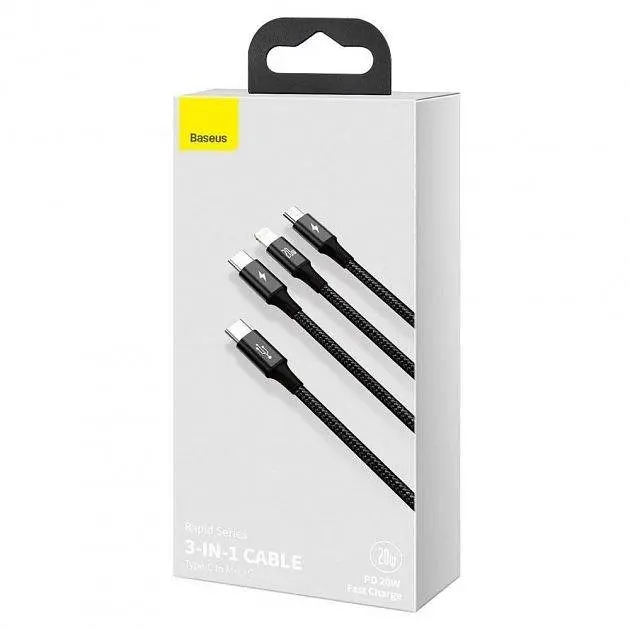 Кабель Baseus Rapid Series 3-in-1 Cable Type-C to Type-C/Lightning/MicroUSB PD 20W 1.5m CAMLT-SC01 Black - фото 5