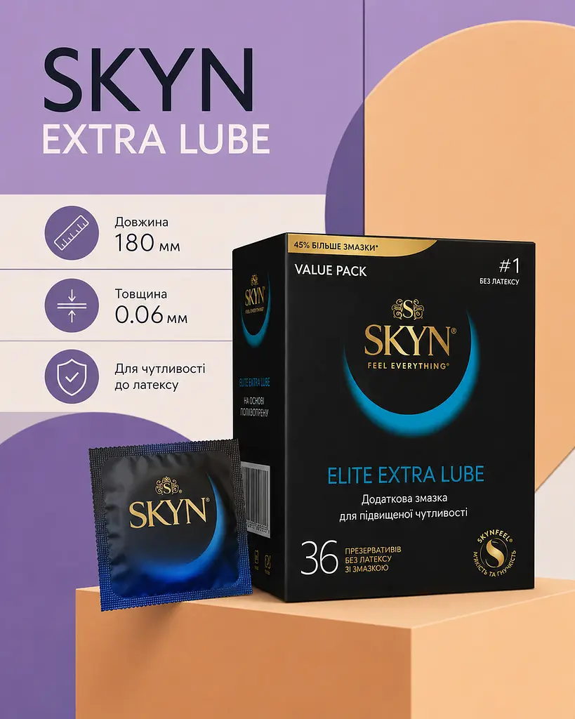 Презервативи Skyn Extra Lube 36 шт — безлатексні презервативи з поліізопрену та збільшеною кількістю змазки