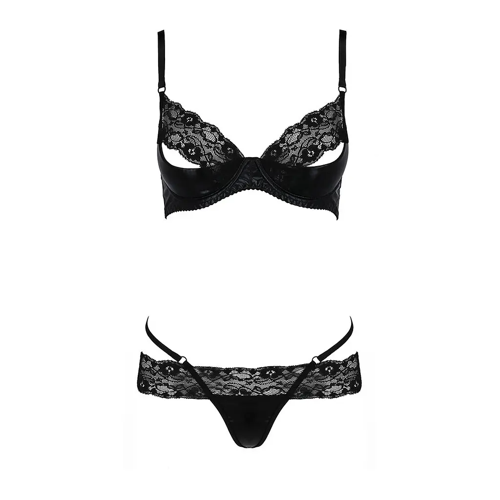 Комплект білизни Passion Exclusive NORTH SET L/XL, black, ліф і трусики з елементами під латекс - фото 5