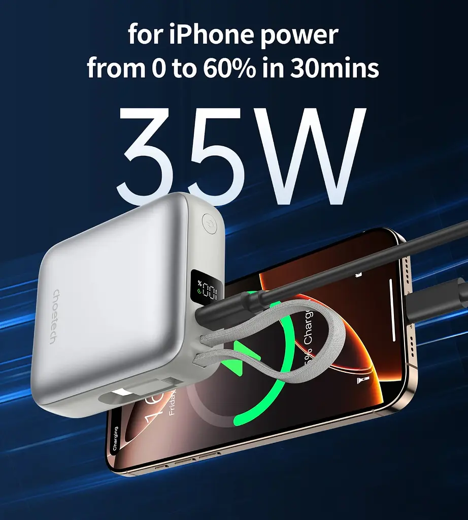 УМБ Choetech 10000mAh 35W PD3.0 USB-C In/Out, LED Display, with buid-in type-C cabel сіра - фото 7