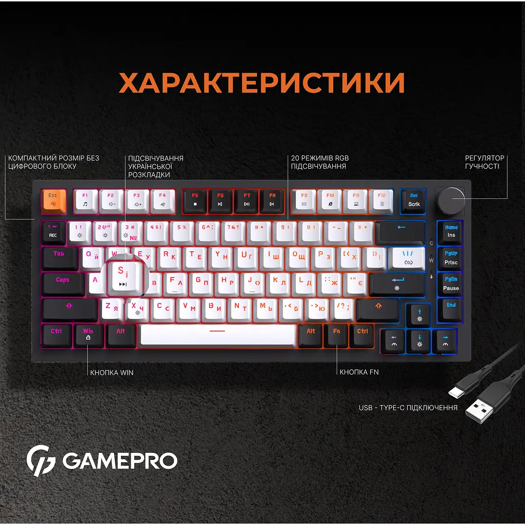 Клавиатура GamePro Red с Hot-Swap RGB Black проводная механическая (MK160B) - фото 13
