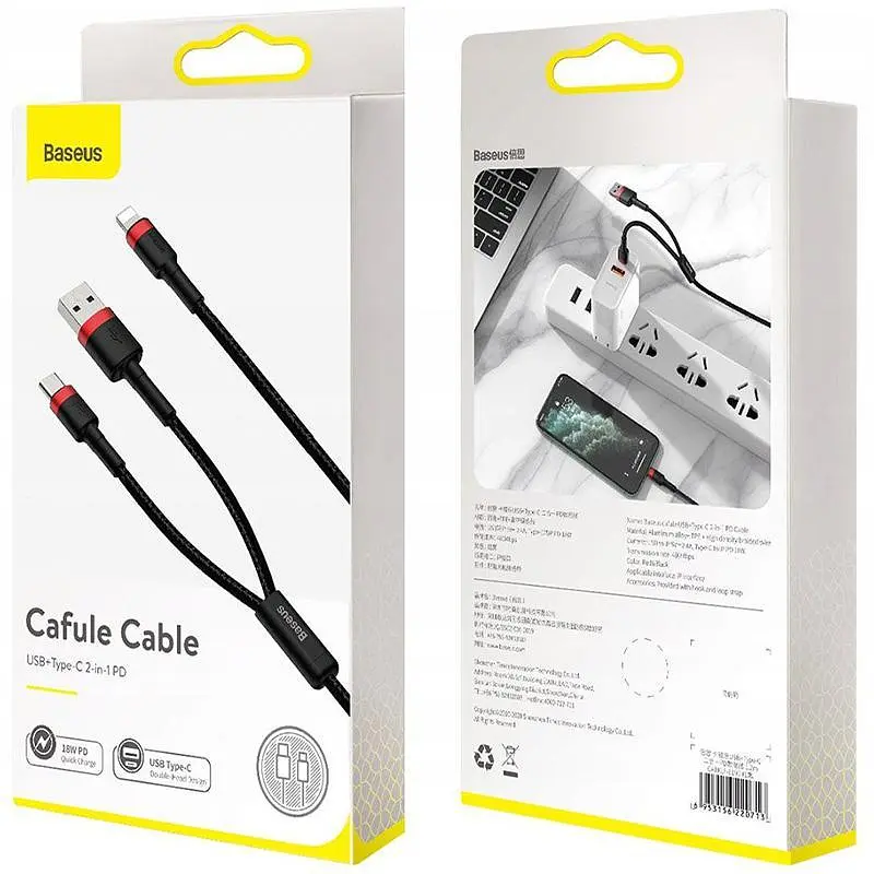 Кабель Baseus Cafule Cable USB to Lightning\Type-C 18W 1m CATKLF-ELG1 Black-Red - фото 2