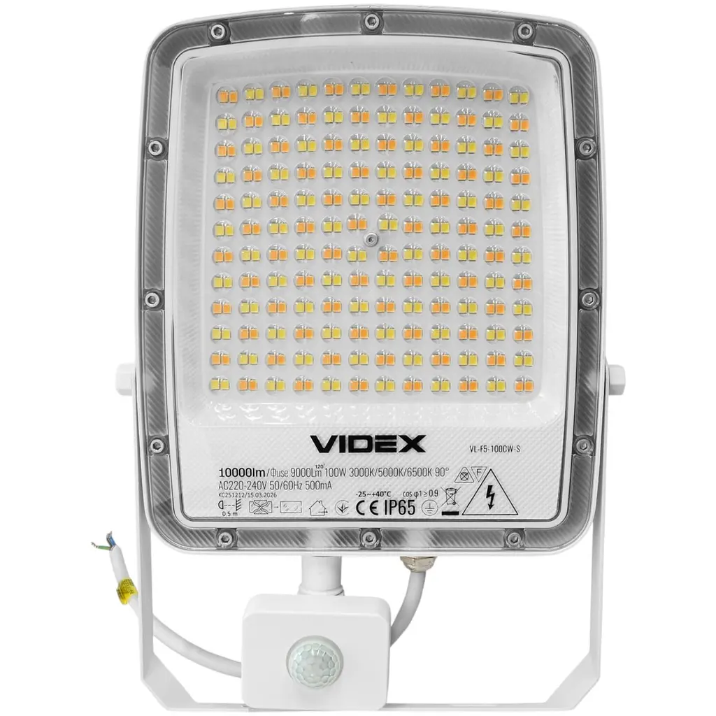 LED прожектор Videx F5 100W 3000-5000-6500K з датчиком руху 230V білий (VL-F5-100CW-S)