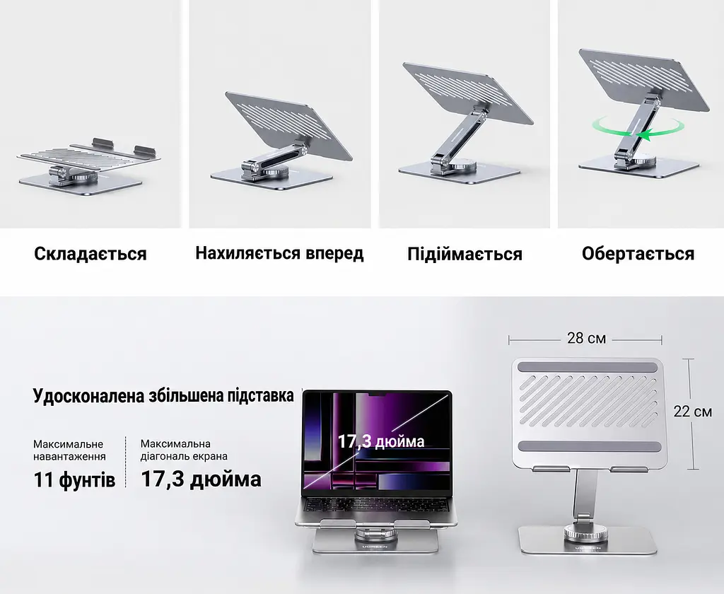 Складная подставка для ноутбука UGREEN LP592 для ноутбуков до 17,3 дюйма с максимальной нагрузкой 11 фунтов с вращением на 360° с регулировкой высоты и наклона с фиксацией поворота с отверстиями для вентиляции космический серый (90849) - фото 2