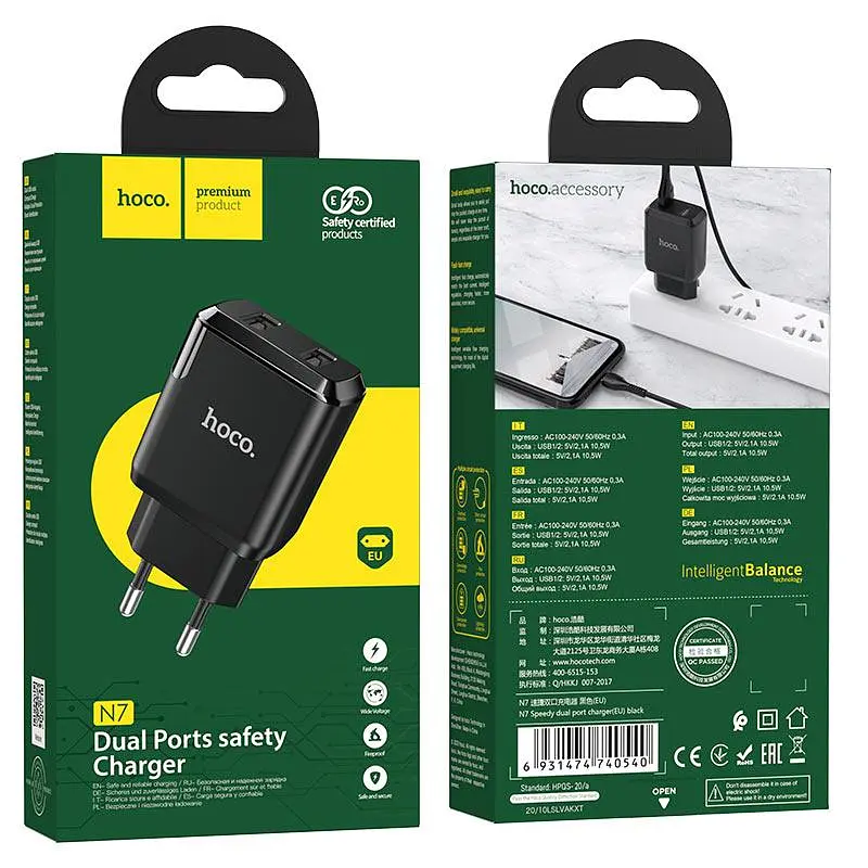 Сетевые зарядные устройства Hoco N7 Speedy dual port charger (EU) Черный - фото 3