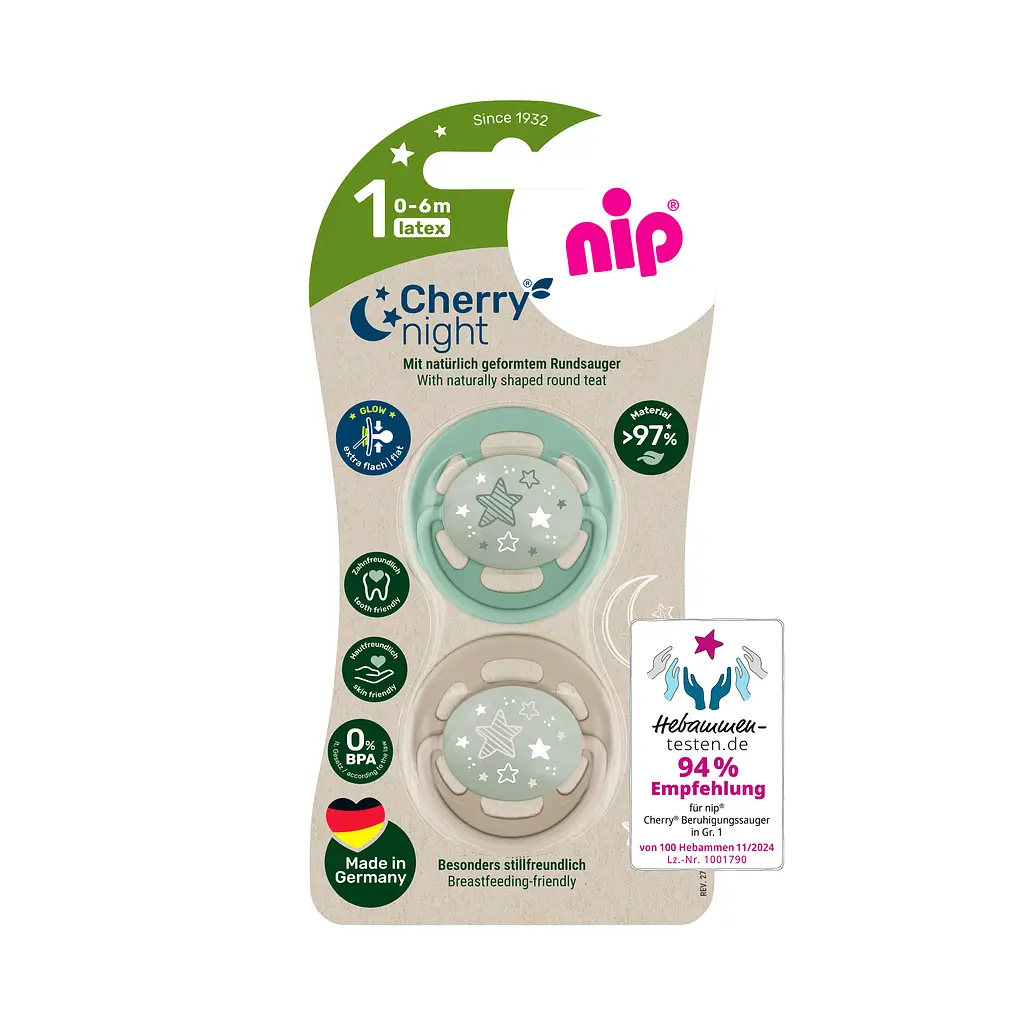 Пустушка латексна кругла для дітей 0–6 місяців NIP Cherry Night арт. 91034-51 2 шт. зелений/бежевий