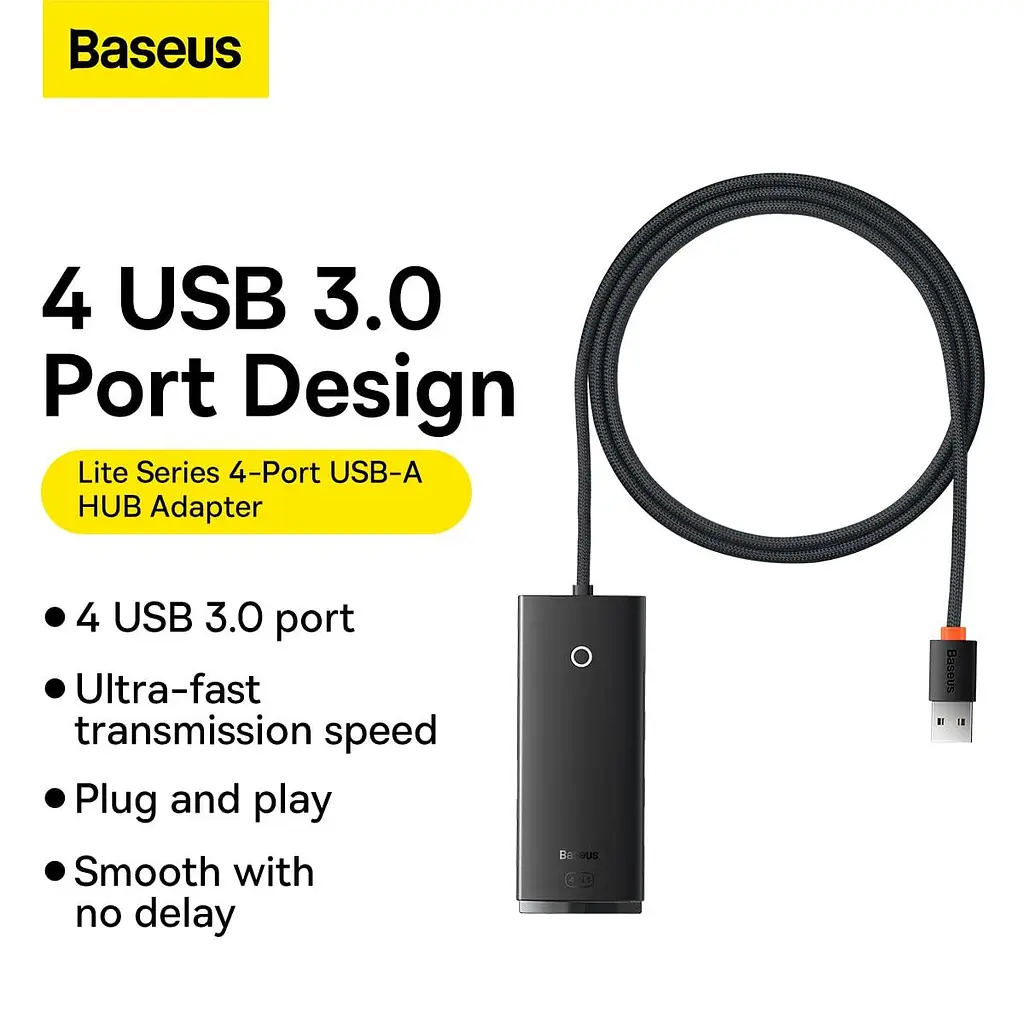 Концентратор - USB-хаб Baseus Lite Series 4-Port USB-A HUB Adapter (USB-A to USB 3.0*4) 2 метри чорний WKQX030201 - фото 7