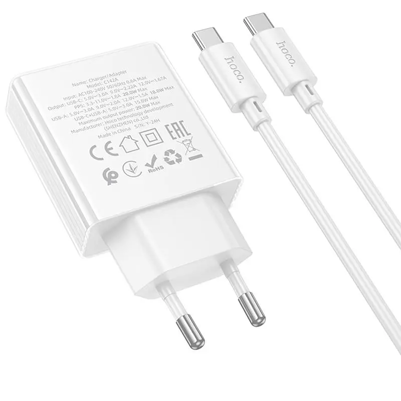 МЗП Hoco C142A Direct PD20W+QC3.0 (1USB-A/1C) + кабель Type-C to Type-C White - фото 4