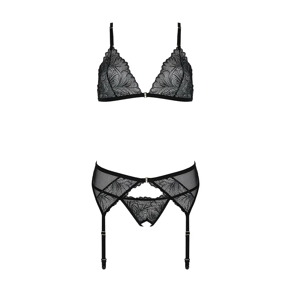 Комплект з відкритим доступом Passion DELIENA SET S/M black, ліф, стрінги, пояс для панчіх - фото 4