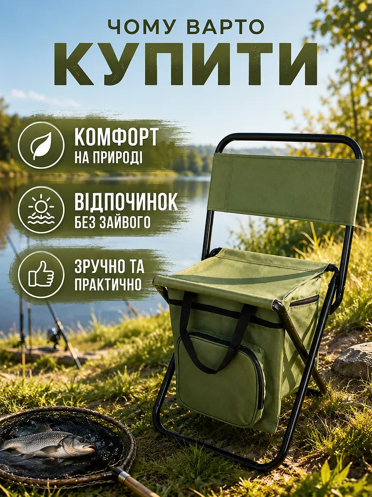 Складаний туристичний стілець із термосумкою до 100 кг 35×28×59 см хакі (49676083) - фото 6