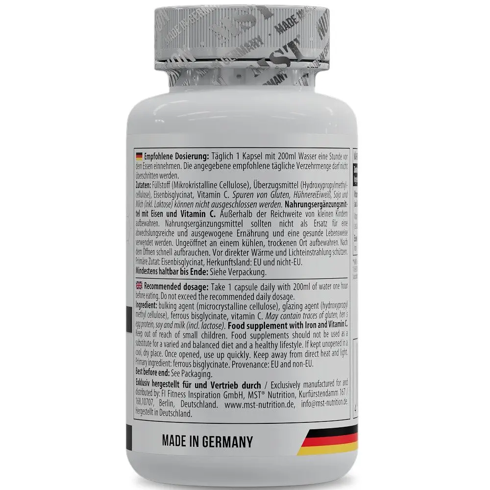 Вітамін С та залізо MST Nutrition Iron Bisglycinate, 60 капсул для профілактики залізодефіцитної анемії - фото 2
