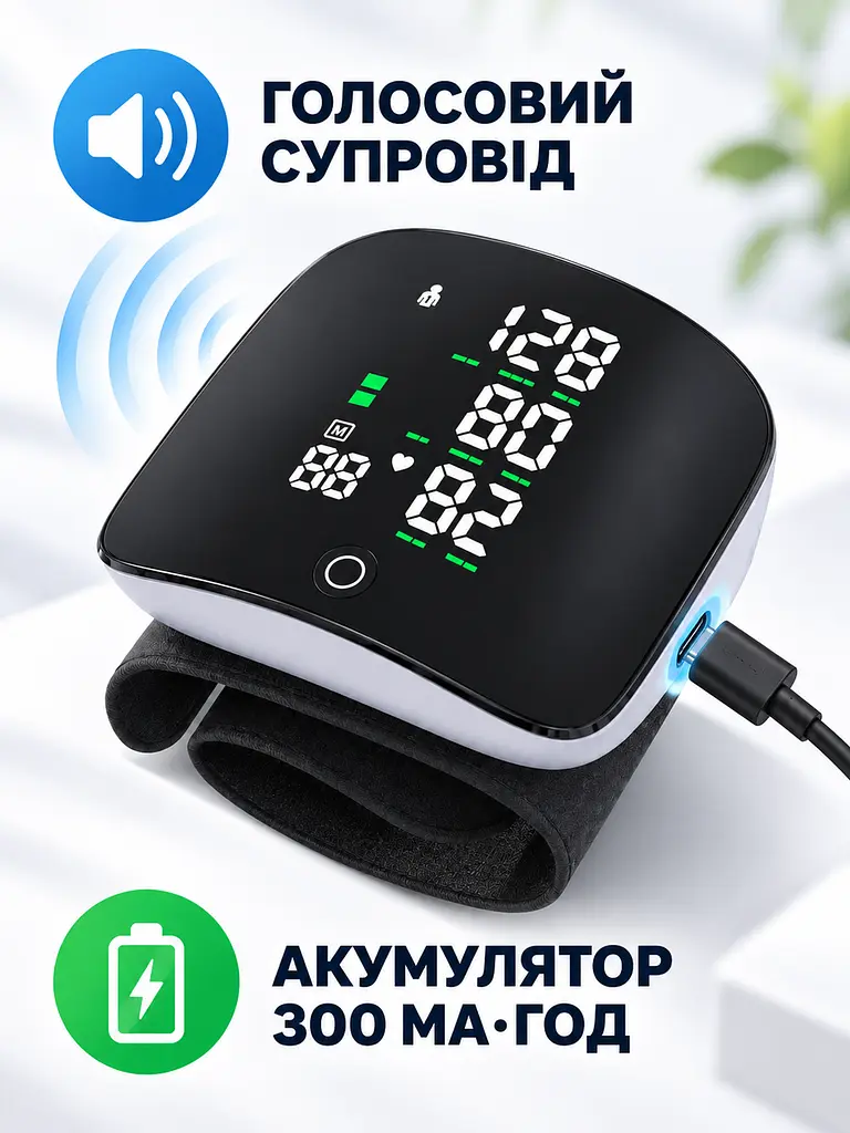 Тонометр на зап'ястя автоматичний з голосовим супроводом, вимірювання тиску та пульсу, USB, чорний (49676413) - фото 4