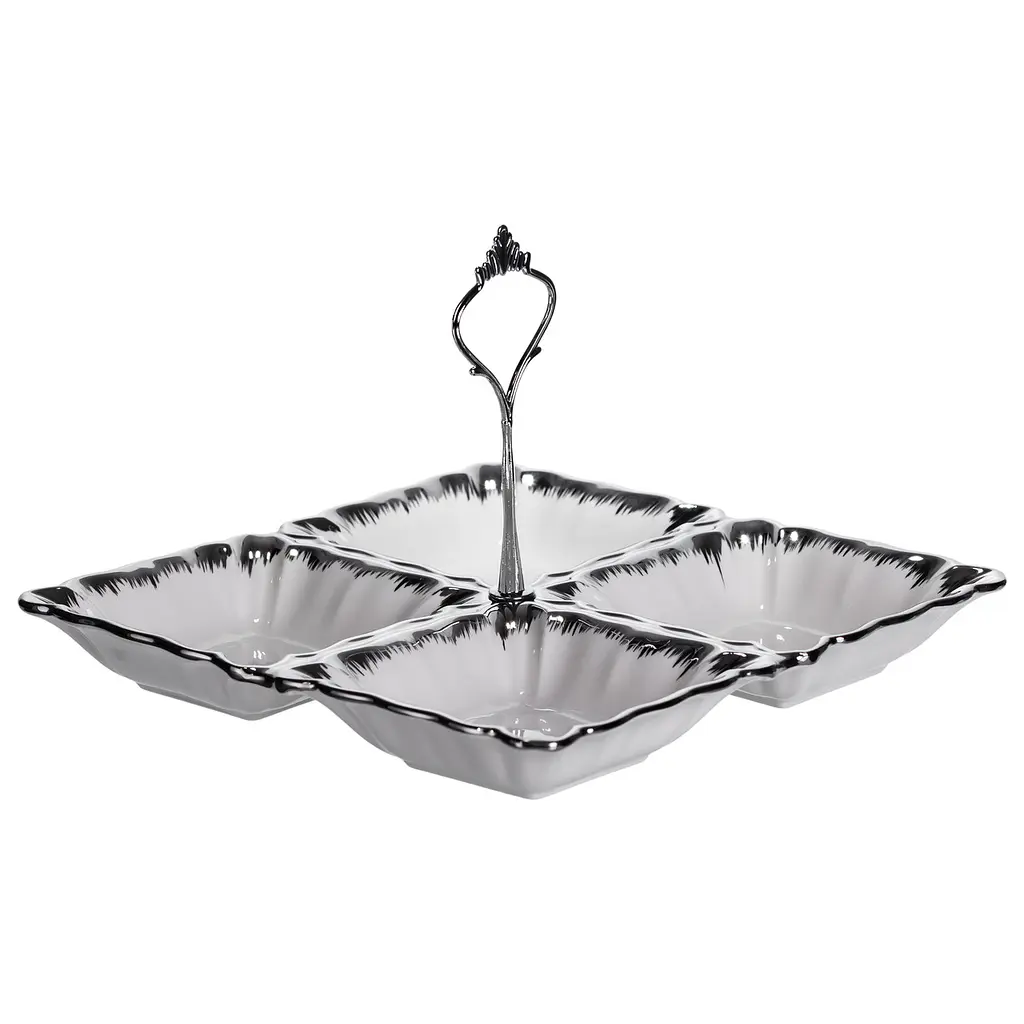 Менажница фарфоровая на 4 секции для закусок тарелка менажница 22.5×22.5×3 (см) с ручкой Белый с серебром Yiwu LC-BYL-101-S - фото 2