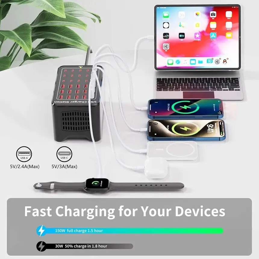 Зарядная станция ILEPO многопортовая на 15 USB портов + 15 Type-C 150 Вт / сетевое мультизарядное устройство (19018) - фото 13