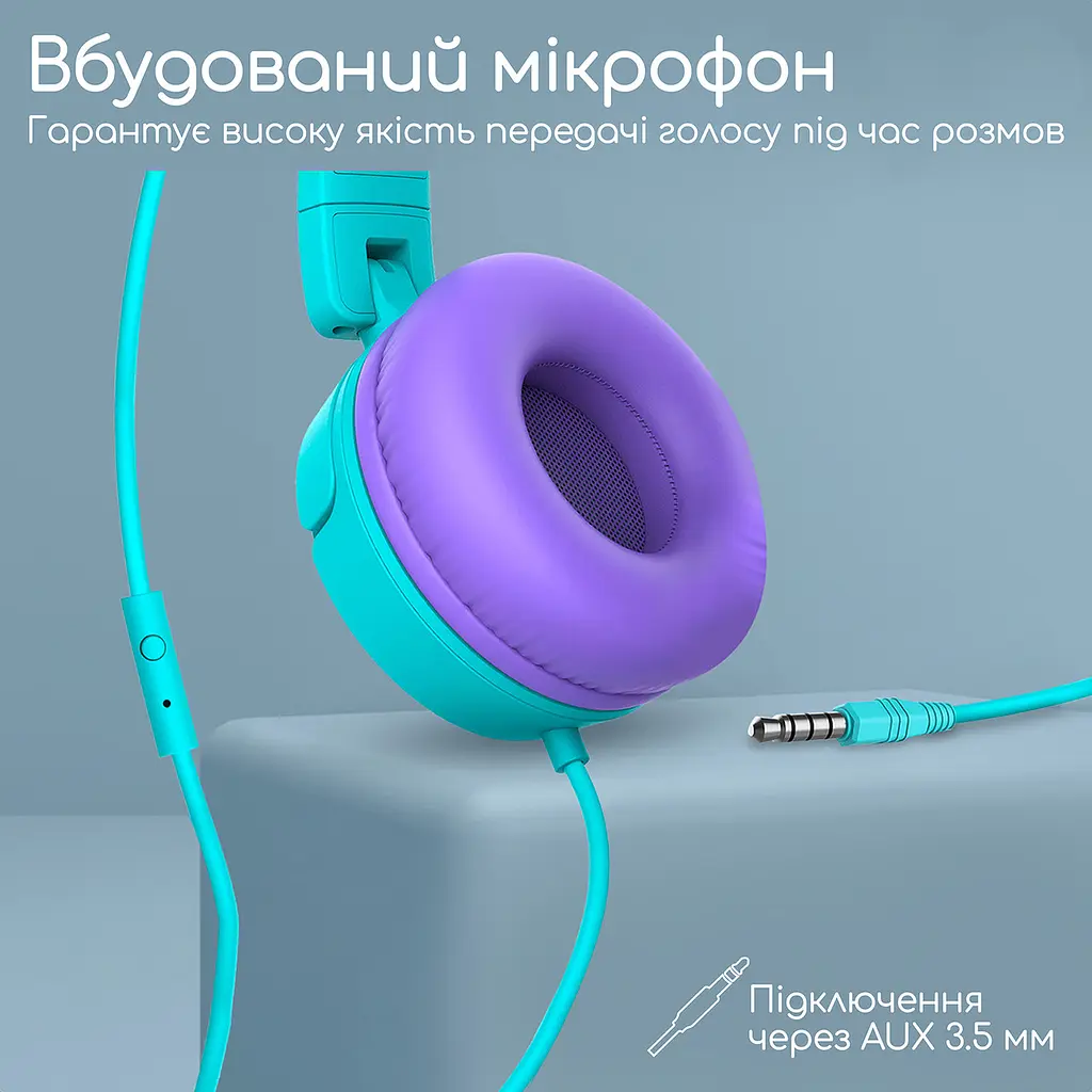 Дротові дитячі навушники з вушками кота Promate Jewel Аква - фото 6