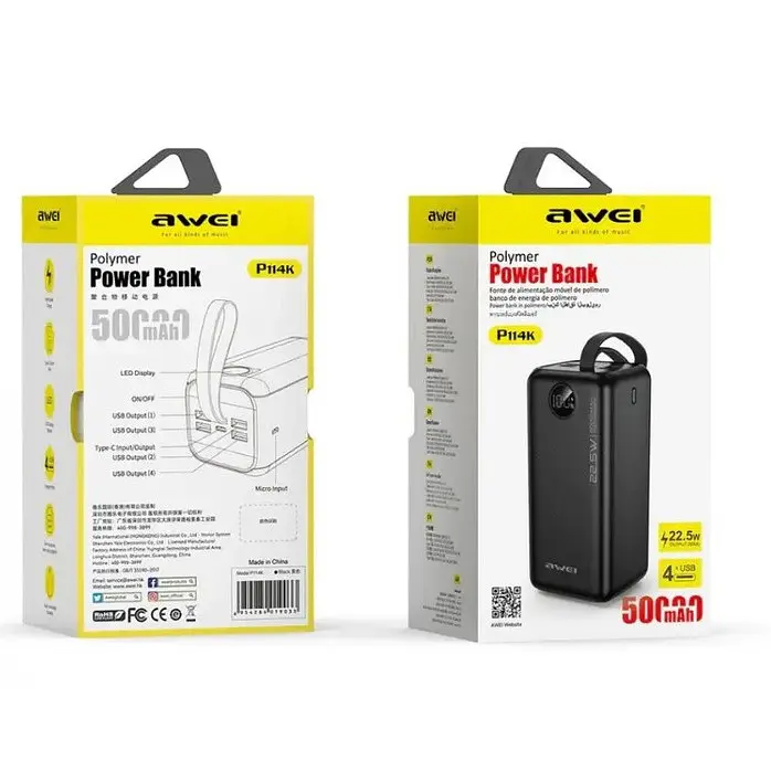 Повербанк AWEI Power Bank P114k, 50000 mAh Черный, мощный повербанк для роутера, модема, powerbank type c - фото 3