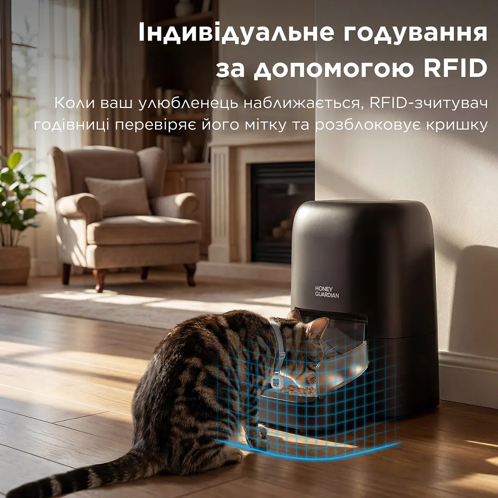 Автоматична годівниця для котів HoneyGuardіan SF35 RFID 4,6 л Wi-Fi з нашийником датчиком, чорний - фото 3