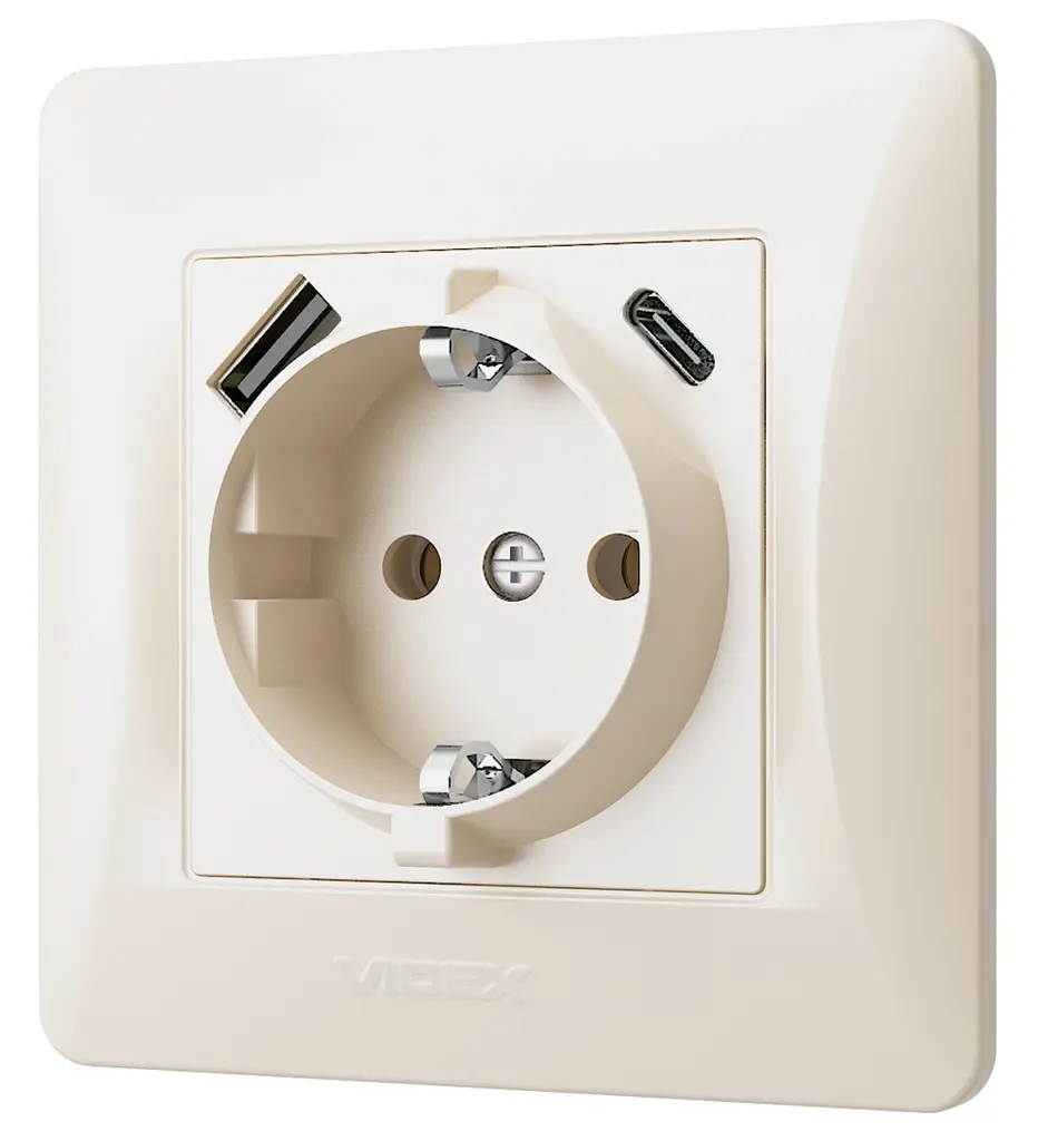 Розетка Videx Binera одинарна із заземленням з USB+USB-C кремова (VF-BNSK1GUC-CR) - фото 2