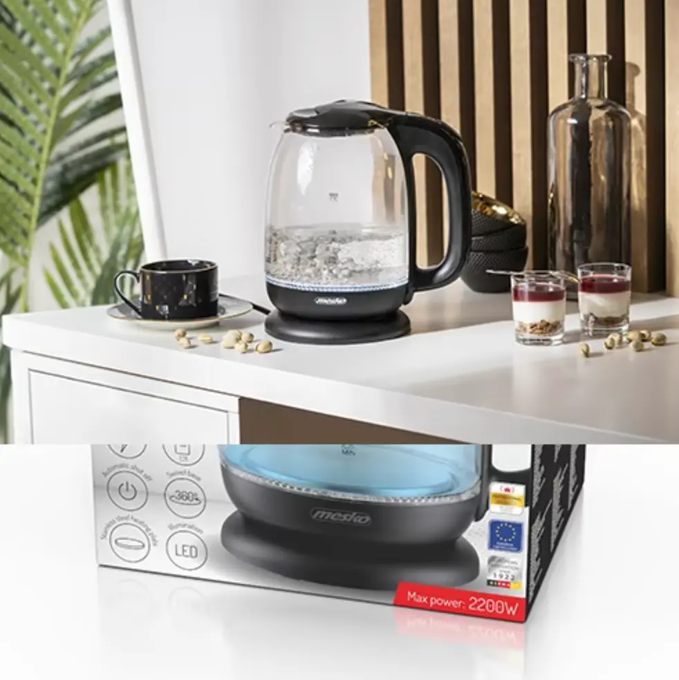 Скляний електрочайник Mesko MS 1302 Black, 1,7 л, 2200 Вт, з LED-підсвіткою, прихований нагрівальний елемент, чорний - фото 4