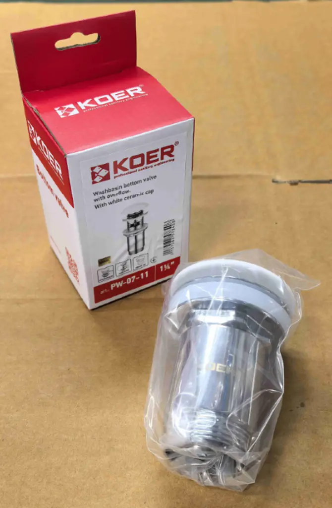 Донний клапан для раковини Koer PW-07-11 автоматичний Click-Clack з переливом і білою керамічною накладкою 1 1/4″ KR5784 - фото 3