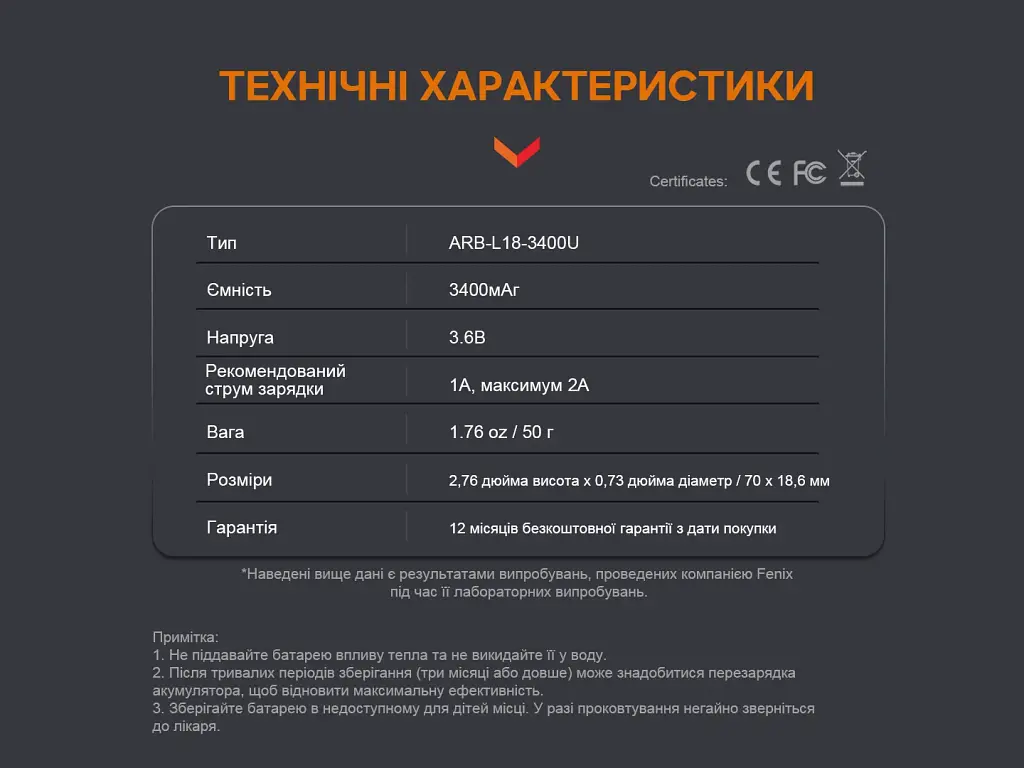 Акумулятор 18650 Fenix (3400 mAh) micro usb зарядка - фото 8
