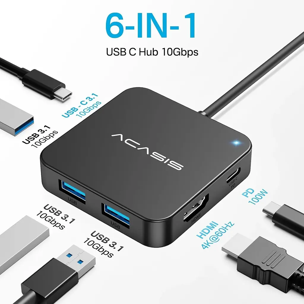 USB hub Acasis HB0706 6-в-1 з HDMI 4K та PD 100W для швидкої зарядки (Чорний) - фото 2
