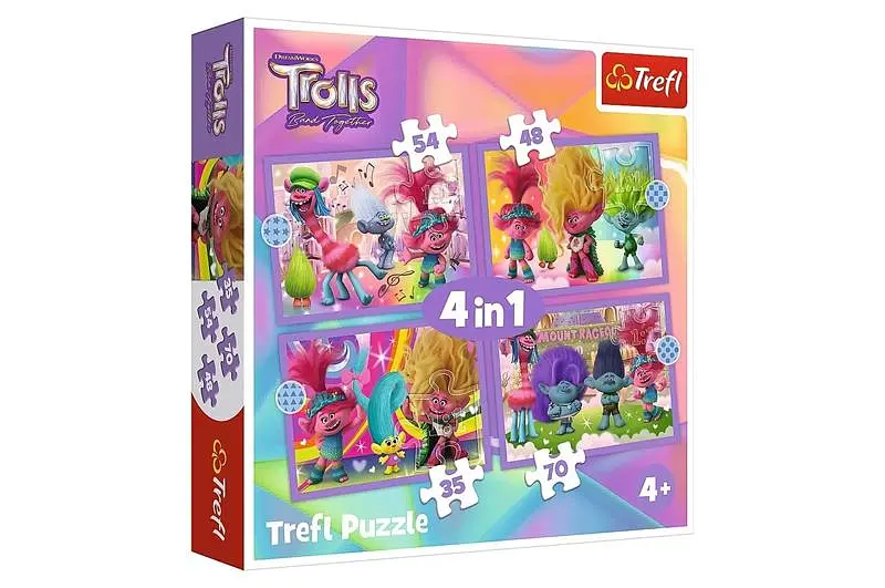Пазли - 4в1 - 34622 "Пригоди кольорових Тролів", Trefl