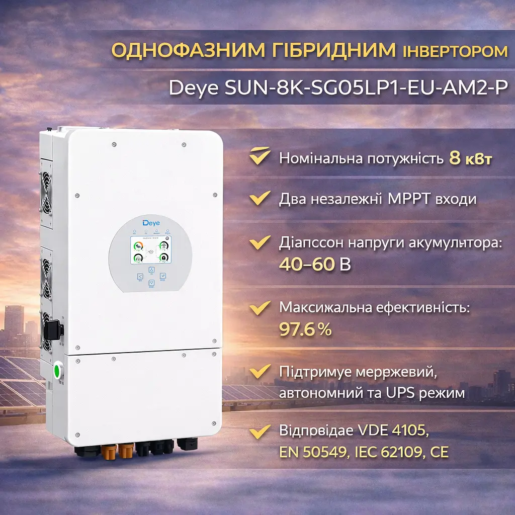 Гібридний інвертор Deye SUN-8K-SG05LP1-EU-AM2-P 8 кВт 1ф 48В (низьковольтний) - фото 3