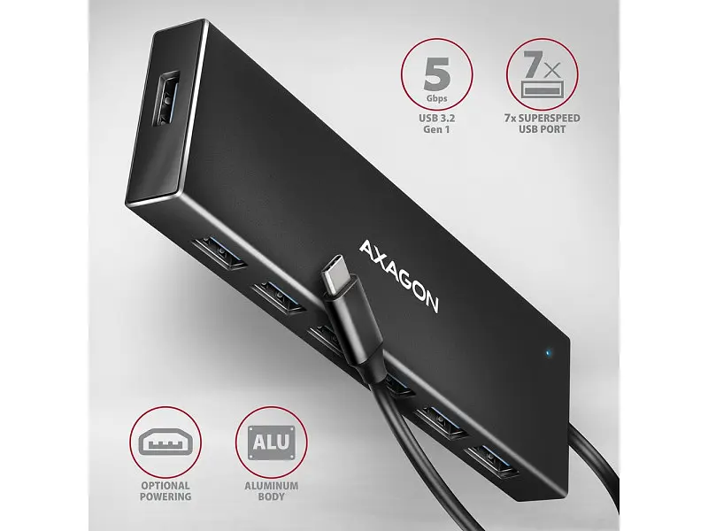 Мультипортовий адаптер AXAGON SuperSpeed Flat USB-C Black (HUE-F7C) - фото 2