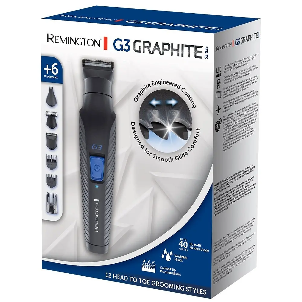 Набір для стрижки Remington G3 Graphite series для бороди, вусів, голови і носа, акум., роторний мотор, насадок-6, сталь, чорний - фото 4